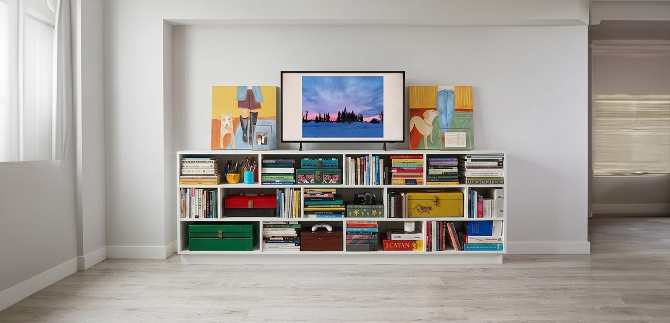 Long Low Bookcase styled in living room